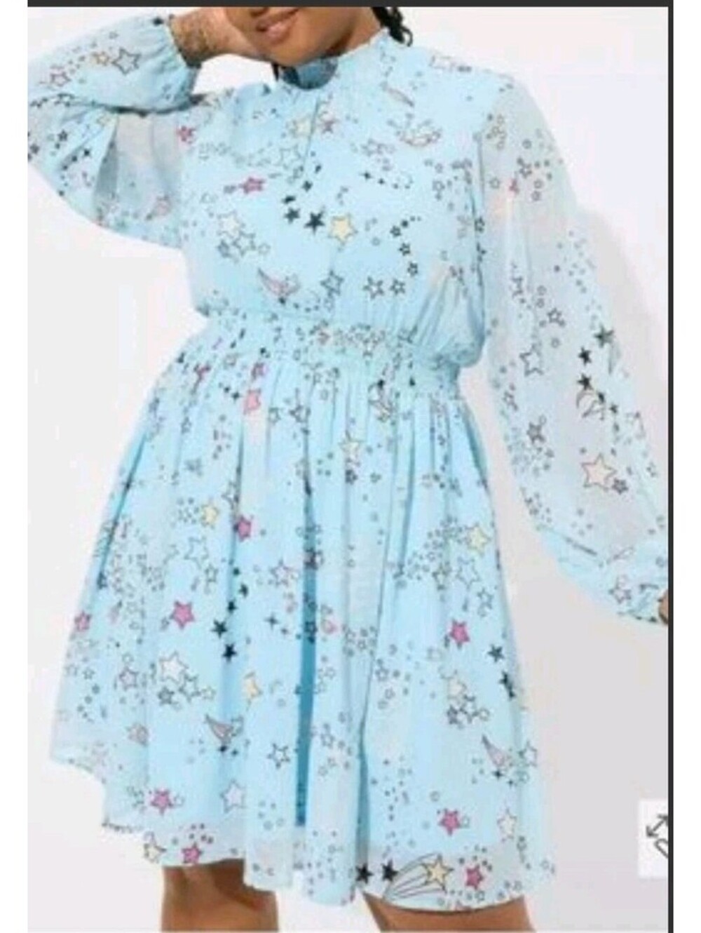 Torrid Size 1 Light Blue Mini Clipdot Blouson Sleeve Mock Neck Skater Dress